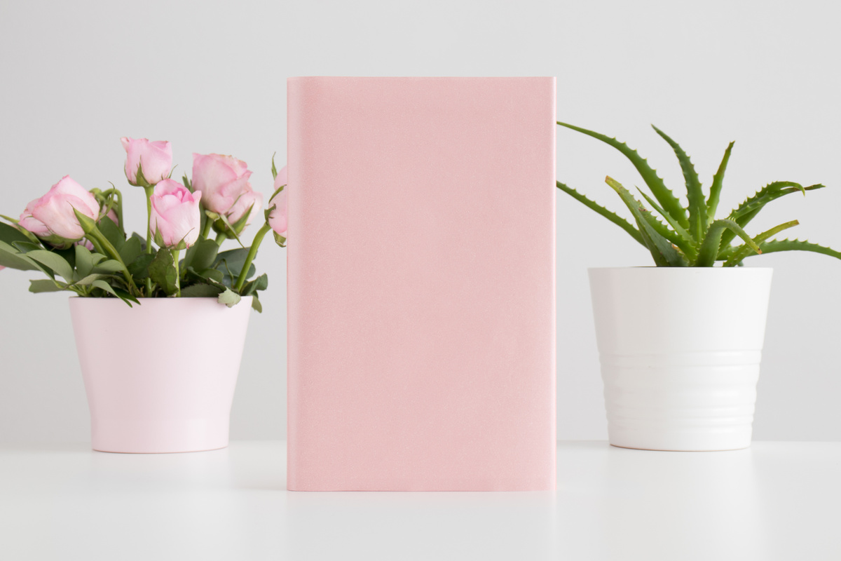 Pink book mockup with succulent plant and pink roses in a pot on a white table.